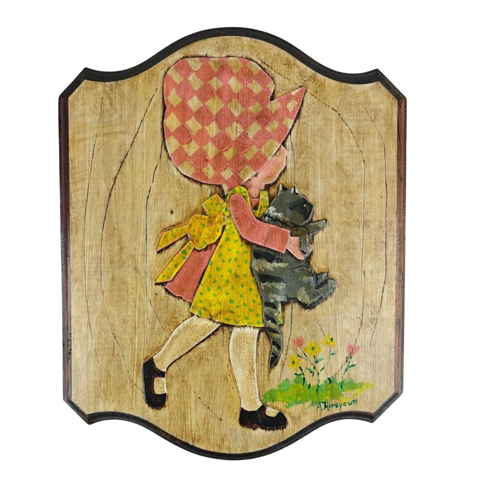 Vintage Hand-Painted Wood Cut-Out Holly Hobbie Style Wall Art Girl Cat Rustic